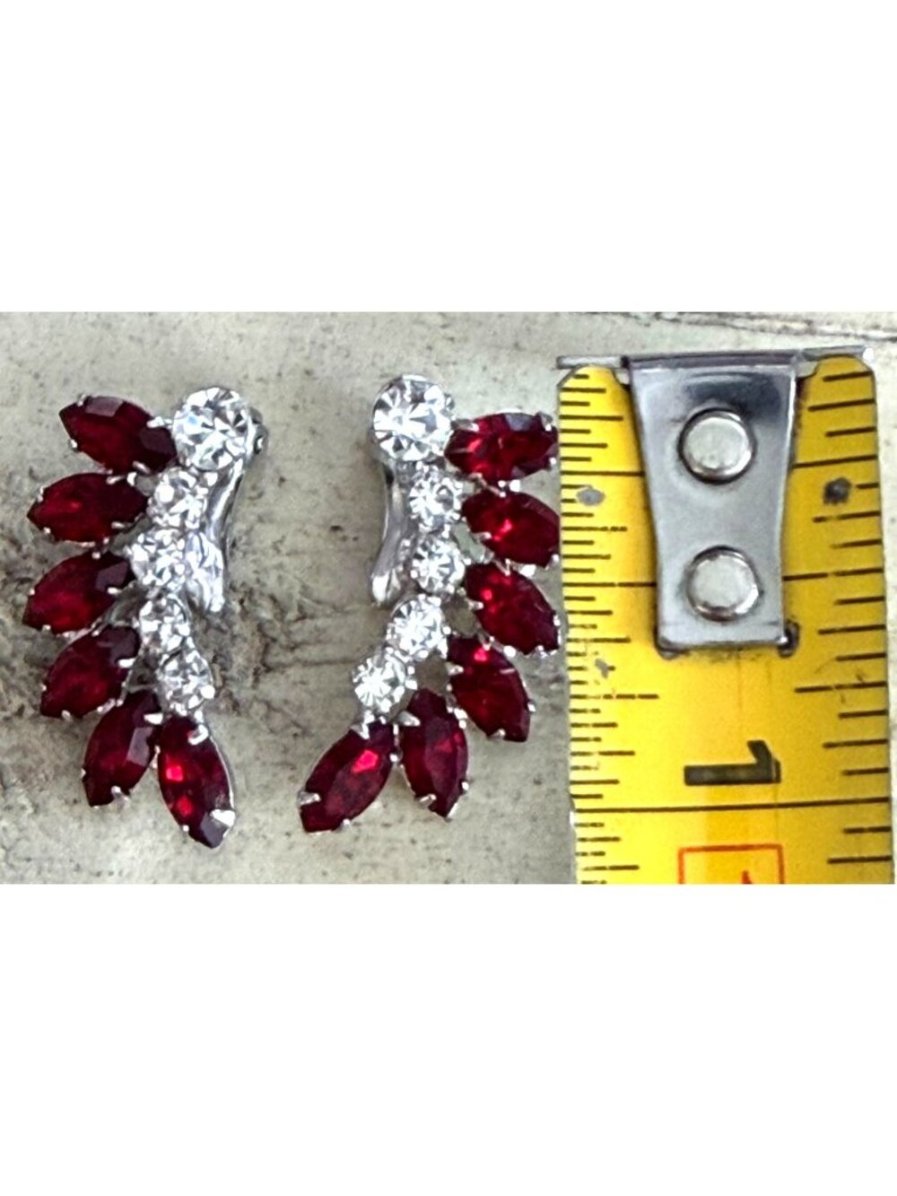 David Sigal Clip Earrings Silver Tone Red Marquise Clear Stones Signed Vintage - Picture 7 of 9